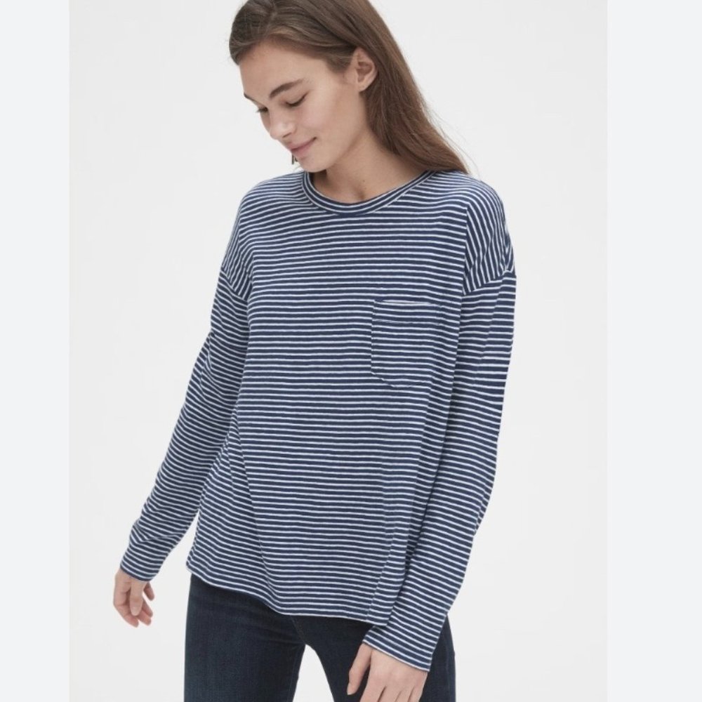 Vince Blue Linen Stripe Long Sleeve Tee